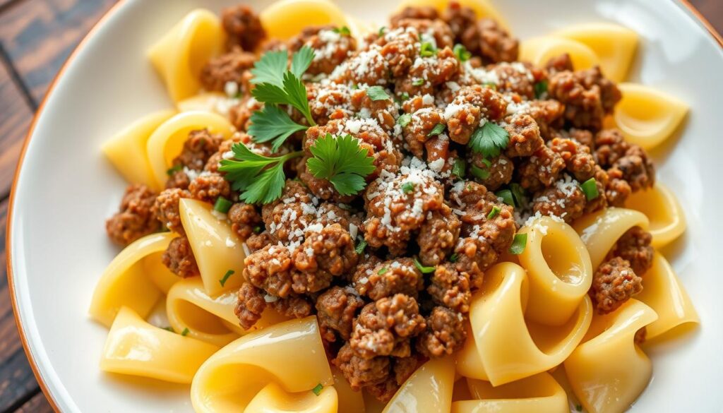 seasoned ground beef and traditional pasta