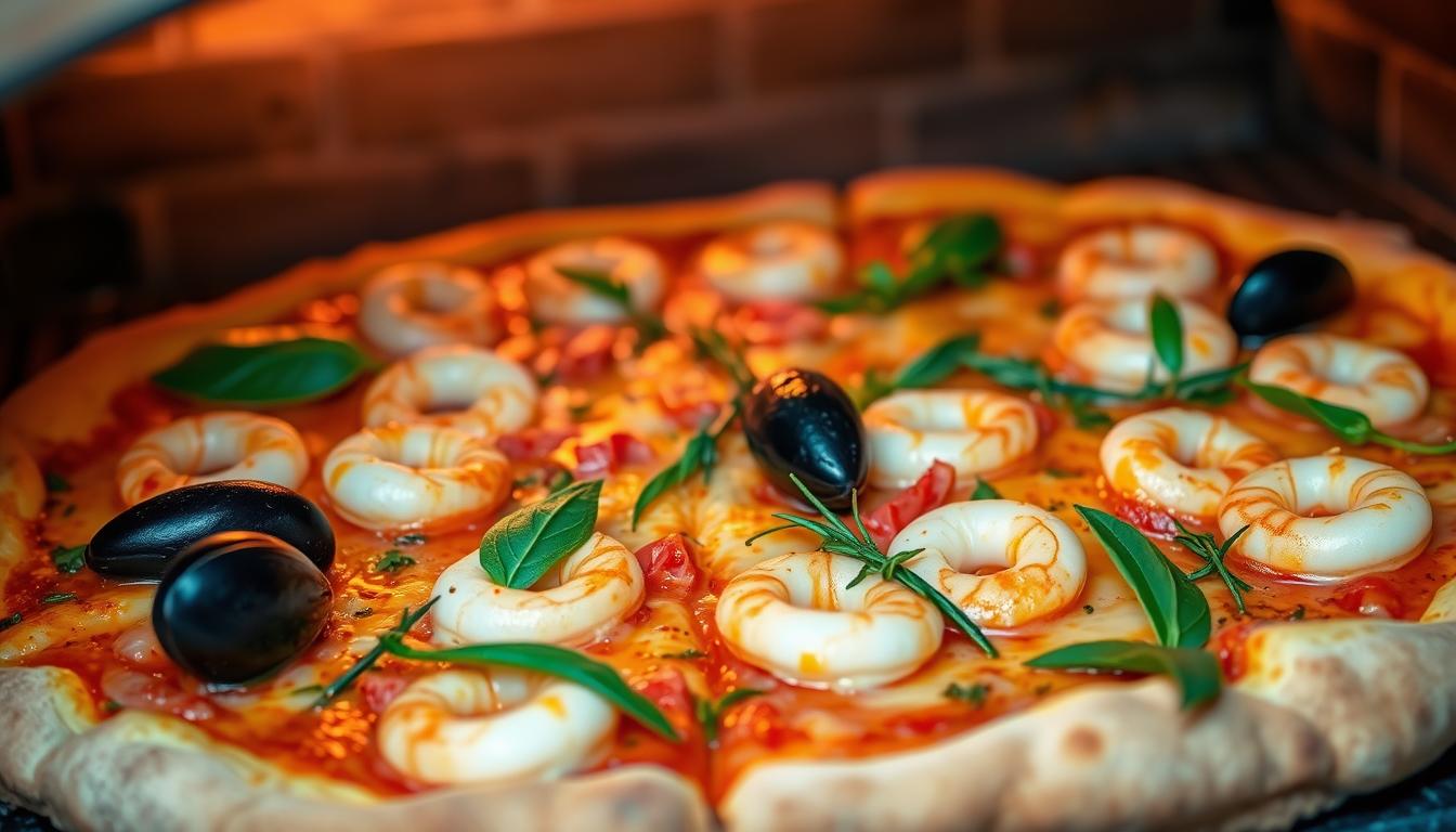 Seafood and fresh herb pizza